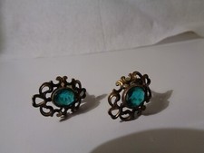 Antique Brass and Green Rhinestone Earrings