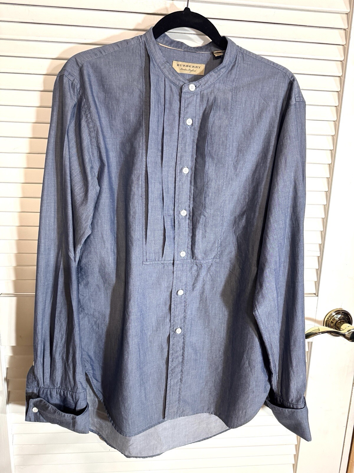 Burberry London Mens Blue Gray Mandarin Collar Long Sleeve Button Up Shirt Size L-image