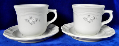 2 Pfaltzgraff ''Heirloom'' Flat Cups + Saucers, 8 oz., Gray + White Flowers, Exc.