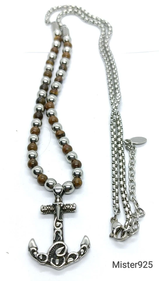 collana girocollo uomo pietra agata vera e acciaio anallergico ciondolo ancora - Immagine 3 di 4