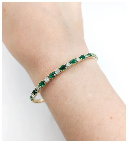 1.50ct Natural Round Diamond 14k Yellow Gold Emerald Anniversary Bracelet - Picture 5 of 6