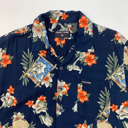 Vintage Point Zero Hawaiian Shirt Men S Small Navy Blue Tropical Button Up Rayon - Picture 3 of 9