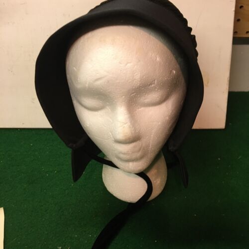 Amish Mennonite Hand Made Black Bonnet w/Ties 7" Deep 6 1/2" Diameter