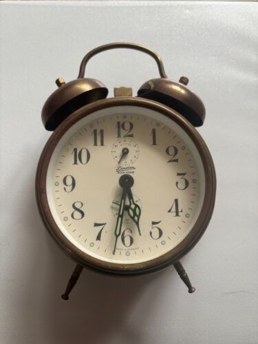 Vintage Linden Wind-Up Brass Table Top Dual Bell Alarm Clock - working