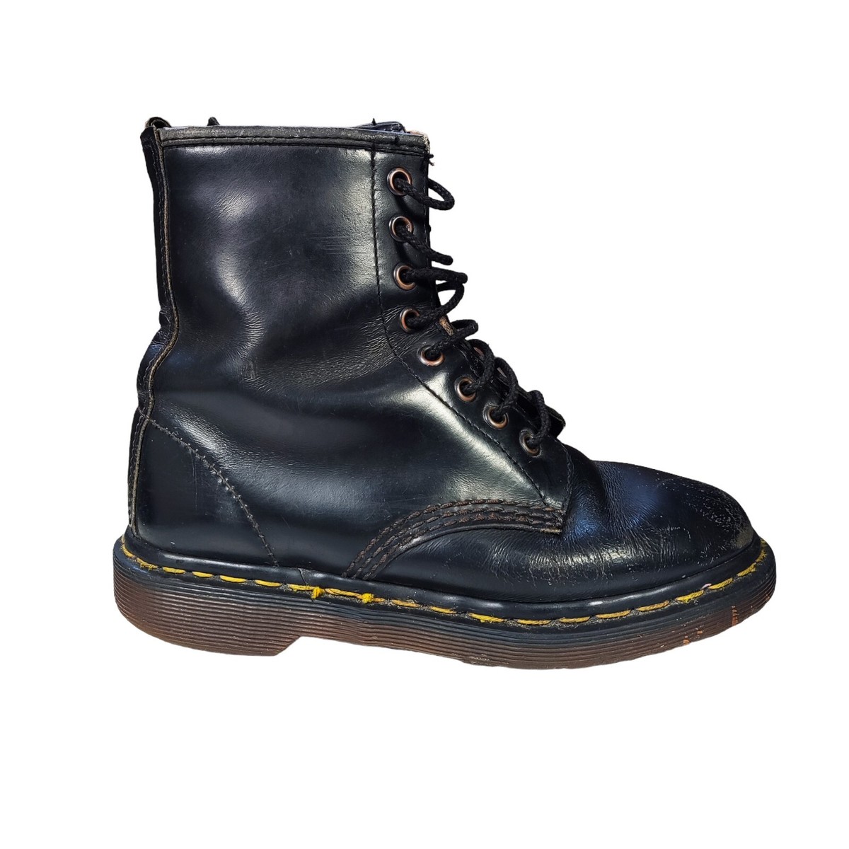 VINTAGE DOC MARTENS LACE UP BOOTS BLACK LEATHER ENGLAND YELLOW
