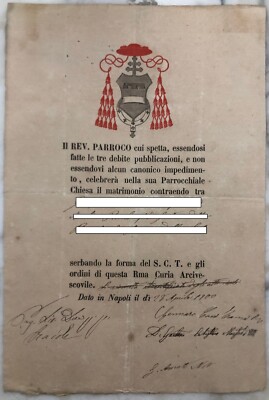 Antico documento celebrazione matrimonio 1900 Napoli