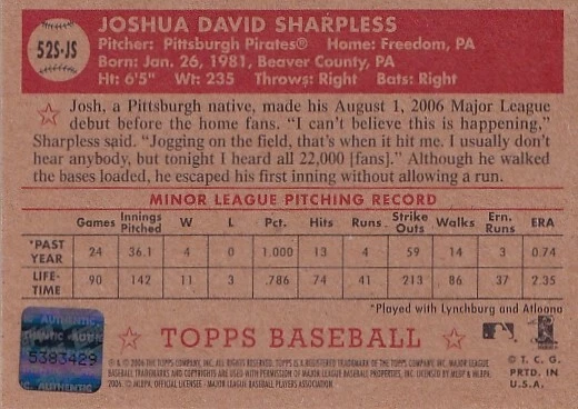 2006 Topps '52 Signatures #JS Josh Sharpless - Image 2 of 2