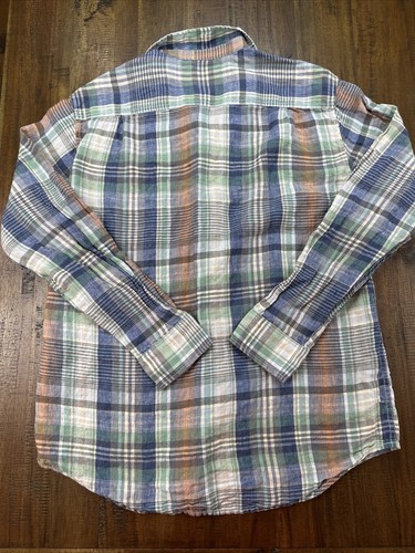 Camisa Tommy Bahama Azul Mas Madras Cuadros 100% Lino Multicolor Manga Larga Grande - Imagen 9 de 13