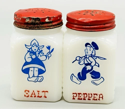 Hazel Atlas White Milk Glass Dutch Scene Salt Pepper Shakers Red Vintage