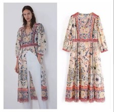 Zara Swiss Dot Duster Bohemian Shirtdress in Floral Paisley Print - Size Small