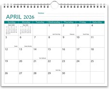 2026 Calendar - 2026-2027 Wall Runs From April 2026 to 8.5x11, Green