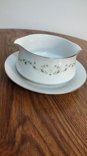 Porcelain White Green Floral Gravy Boat Set with Saucer Glossy Finish