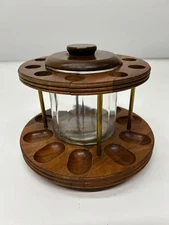 Vtg Wood Tobacco Smoking 10 Pipe Storage Lazy Susan Stand & Glass Jar Humidor