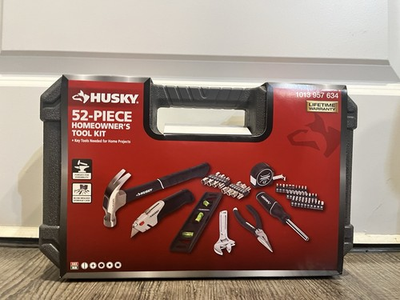 #ad Husky 52 Piece Homeowner#x27;s Tool Kit Hammer Pliers Wrench Hard Case Black Red $29.99