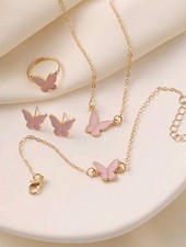 5pcs Pink Butterfly Glazed Gold Necklace, Bracelet, Earrings, Ring Jewelry Set