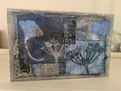 Handmade Botanical Collage Wall Art on Repurposed Fence 8.25 x 5.5'' Blue Rustic