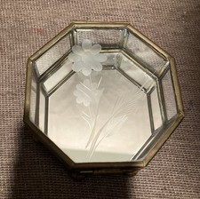 Vintage Brass Glass Trinket Box Octagonal Etched Floral Jewelry Box Keepsake