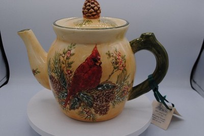 Pacific Rim Hand Painted Cardinal Bird with Pine Cones Xmas Holiday Tea Pot