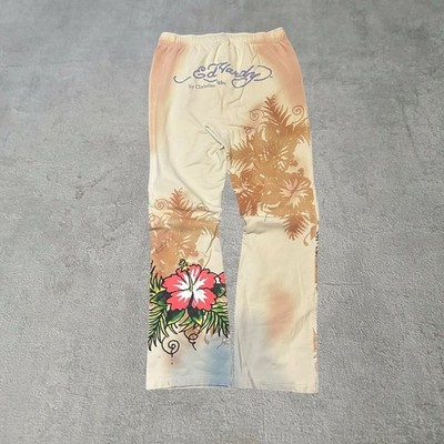 Vintage Y2K Ed Hardy by Christian Audigier Hibiscus Graphic Lounge Pants Cream