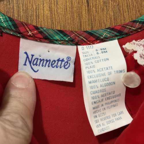 Mameluco Vintage Nannette Rojo Terciopelo Suave Vacaciones Cuadros Encaje 6-9 meses Una Pieza - Imagen 10 de 12