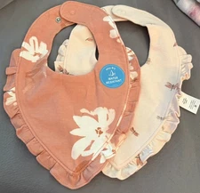 Lot/2 Carter’s Baby Girl Drool Bibs 100% Cotton Ruffle Trim, Floral, Dragonfly 