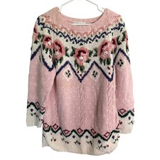 VTG Jennifer Reed Handknit Fair Isle Sweater M Pink Thanksgiving Grandma Cottage