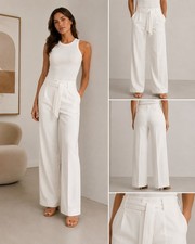 MANGO MNG Pants XS Women Clara Wide Leg Tailored Waist Belted NWT Ivory Trousers