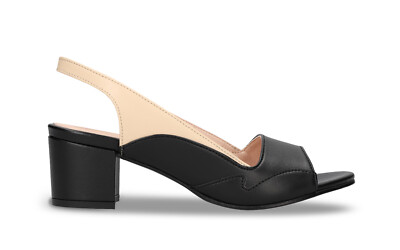 Women vegan heel shoes slingback bicolor black beige apple skin ballerina sandal