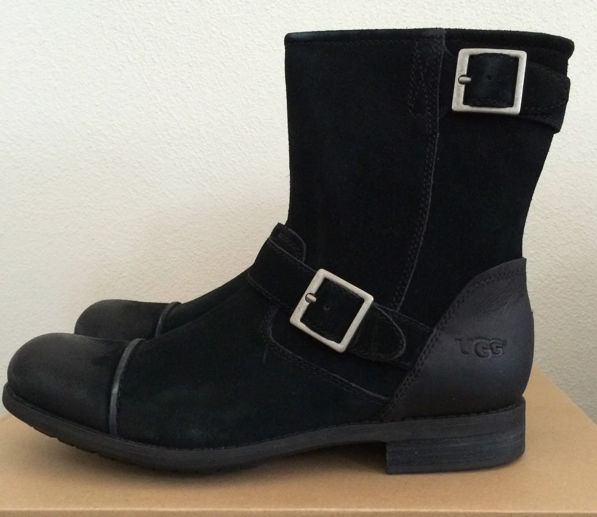 UGG Men s 7 Lancing Black Distressed Suede Motorcycle Boots Water Resistant