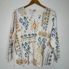 Jess & Jane Knit Top Womens Size 3X White Aztec Print Cotton Boho Vtg Western