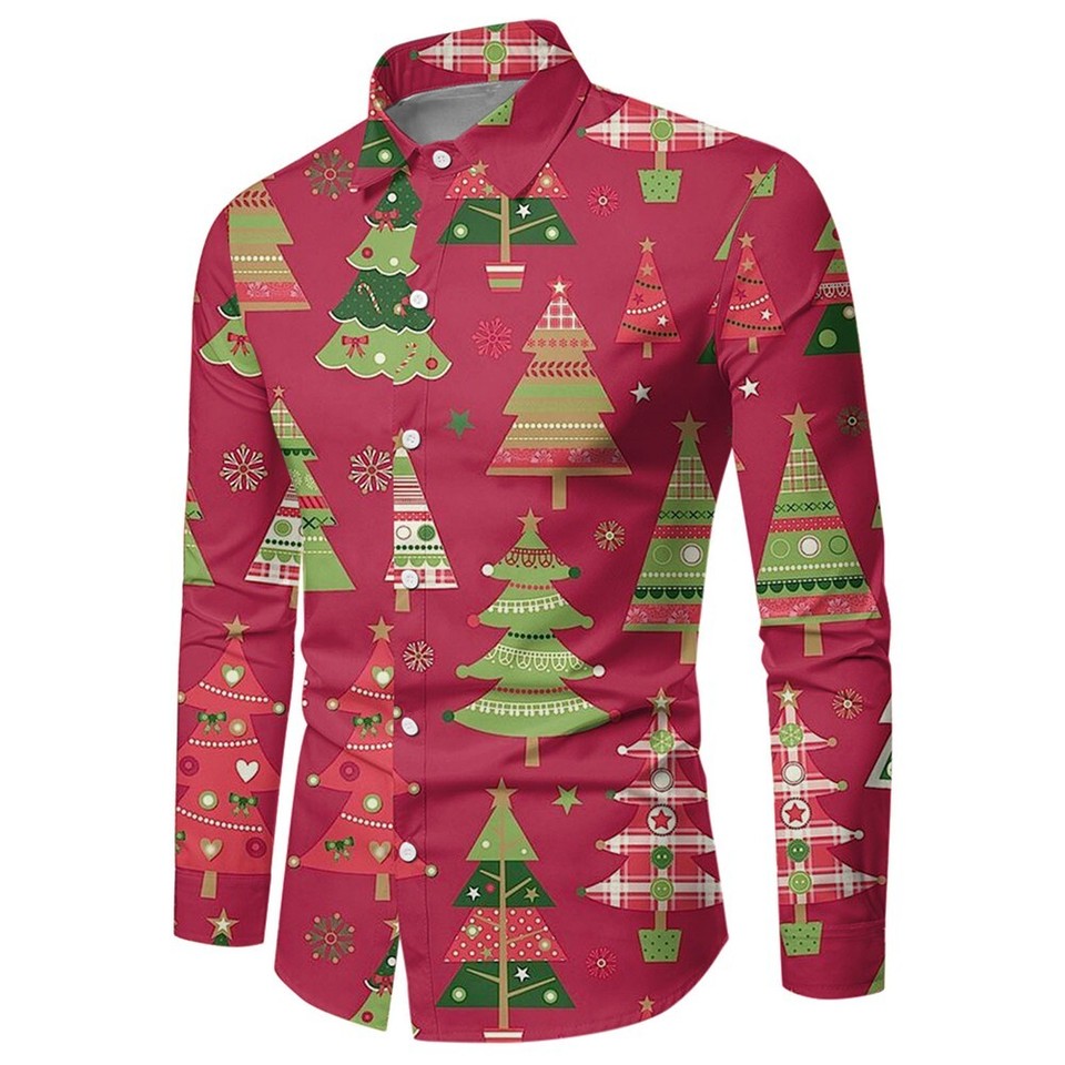 Unique Men's Long Sleeve Button Down Christmas Shirt for Festive