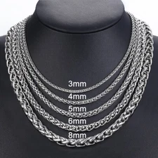 3/4/5/6/8mm Braided Wheat Chain Silver 316L Stainless Steel Men Women Necklace