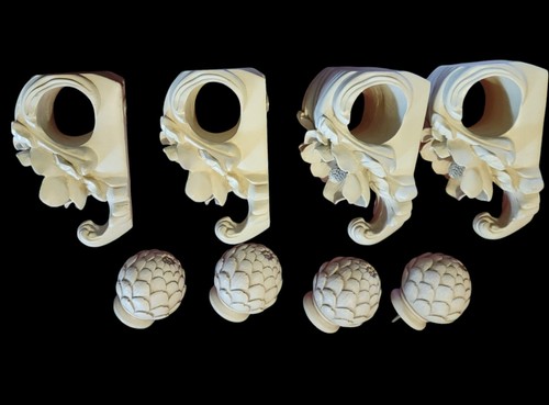 4- Magnolia Ornate Curtain IVORY Rod Holders Corbel Drapery Scarf Leaf Sconces - Picture 5 of 7