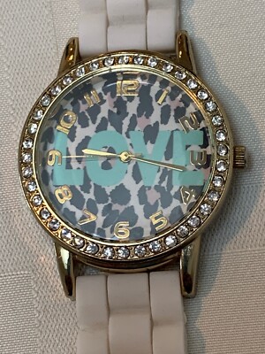 Twinkle Watch LOVE Leopard Print #8415 Quartz Movement Rhinestones Rubber Band