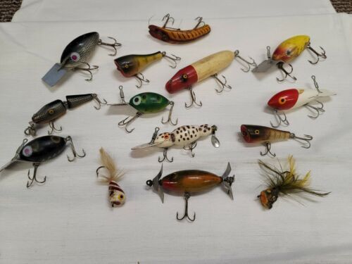 Lot of 11 antique fishing lures wood glass eyes