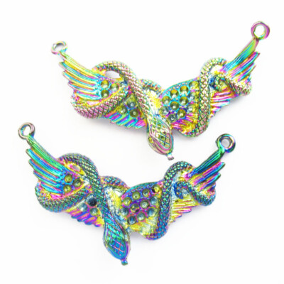 2Pcs 60x23x6mm Rainbow Tibetan Silver Snake Wing Pendant Bead Q14854