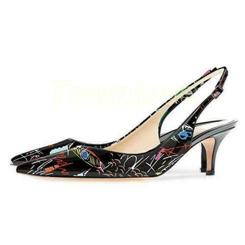 Zapatos de salón informales para mujer damas punta puntiaguda gatito tacones bajos sin cordones talla - Imagen 9 de 16