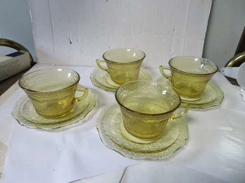Amber Yellow Federal Depression Glass Patrician 4 Teacups/Saucers