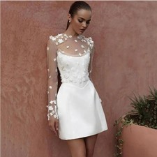 Mini Wedding Dress Lace Applique Long Sleeves O-Neck with Buttons Bride Gowns