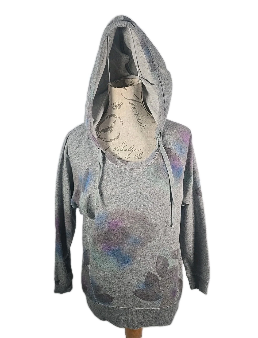 DKNY Jeans Hooded Pullover Hoodie Sweater Grey Floral Tie Dye Long Sleeve Small