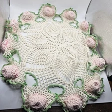Handmade Crochet Doily With Raised Flower Design 12" Granny Cottage Core