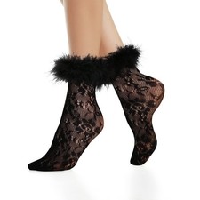 Womens Black Ruffle Fishnet Socks Fake Feather Cuffs Mesh Lace Anklet Socks G...