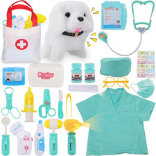 Toy Doctor Kit for Girls - Pretend Play Doctor Set with Dog Toy, Carrying Bag 