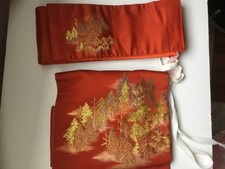 JAPANESE KIMONO BELT FUKURO -OBI , 2 pieces. Red-Orange