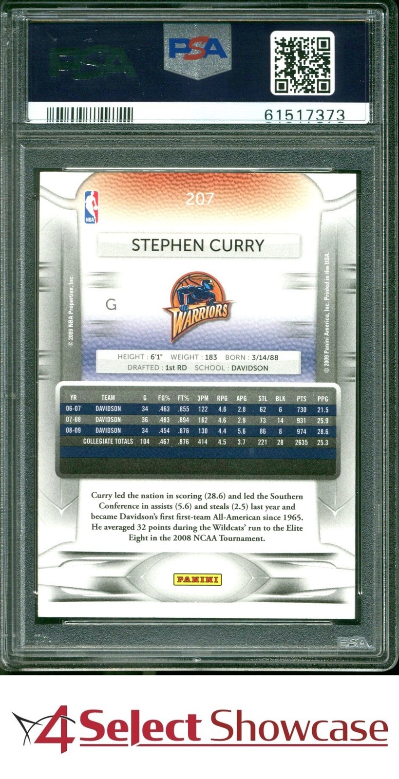 2009 PANINI PRESTIGE #207 STEPHEN CURRY RC WARRIORS PSA 10 view 2