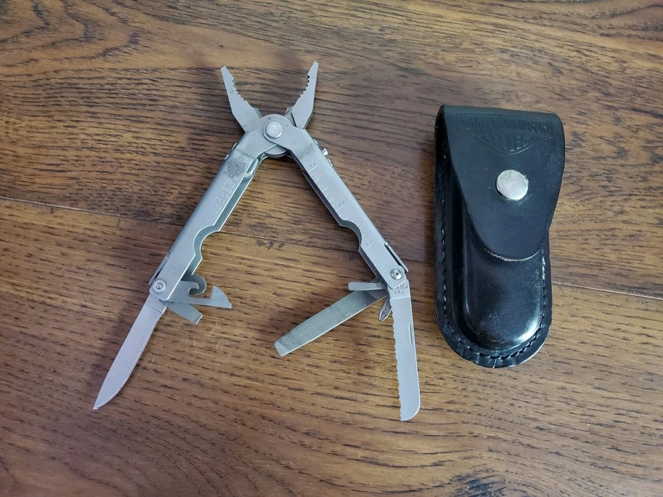 A vintage USA-made Gerber multi-tool with original case AND Harley-Davidson branding — a rare crossover collectible that's actually usable.