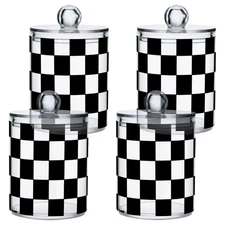 4 Pack Checkered Qtip Holder Dispensers, Plastic Apothecary Jar Bathroom Acce...