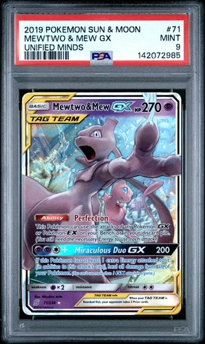 2019 POKEMON SUN & MOON UNIFIED MINDS #71 MEWTWO & MEW GX PSA 9