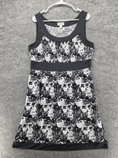 Loft Dress Womens Large Black Gray Floral Sleeveless Scoop Neck A Line Casual