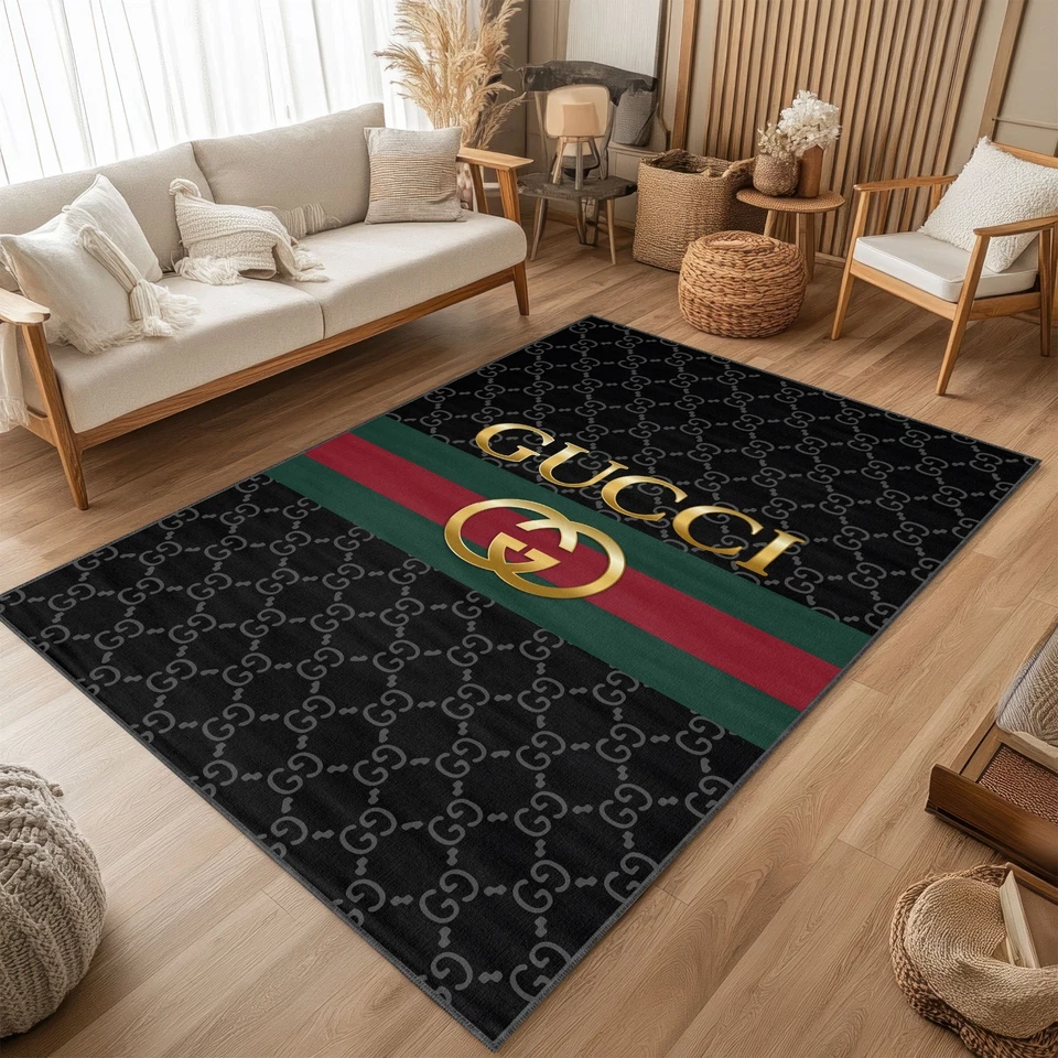 Black Gucci Area Rug, Famous Brand Themed Carpet, Living Room Mat Decor - Image 4 of 4